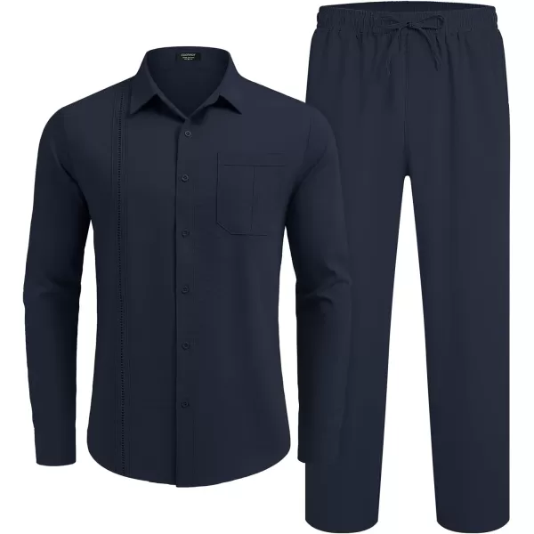 COOFANDY Men's 2 Piece Linen Sets Casual Long Sleeve Button Down Cuban Shirt and Loose Pants Set Beach Vacation Outfits