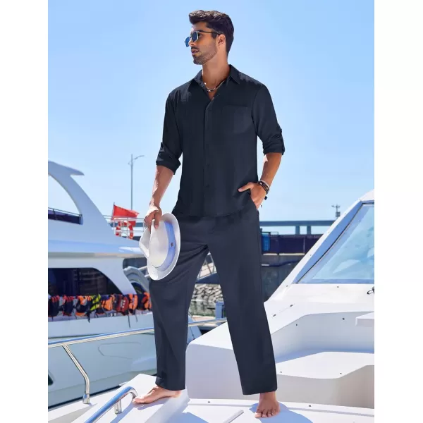 COOFANDY Men's 2 Piece Linen Sets Casual Long Sleeve Button Down Cuban Shirt and Loose Pants Set Beach Vacation Outfits