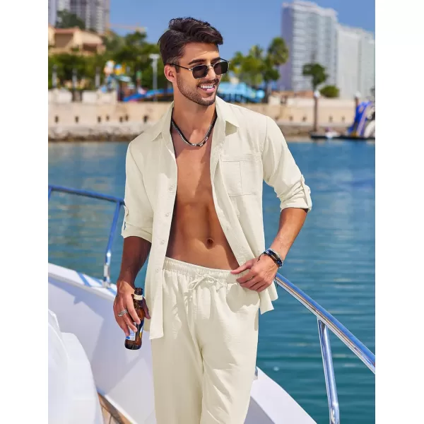 COOFANDY Men's 2 Piece Linen Sets Casual Long Sleeve Button Down Cuban Shirt and Loose Pants Set Beach Vacation Outfits