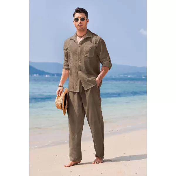 COOFANDY Men's 2 Piece Linen Sets Casual Long Sleeve Button Down Cuban Shirt and Loose Pants Set Beach Vacation Outfits