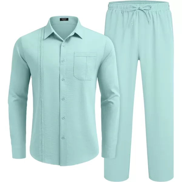 COOFANDY Men's 2 Piece Linen Sets Casual Long Sleeve Button Down Cuban Shirt and Loose Pants Set Beach Vacation Outfits