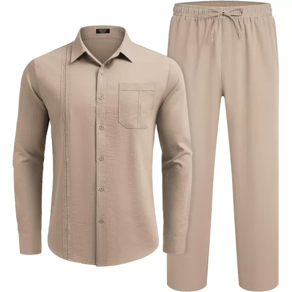 COOFANDY Men's 2 Piece Linen Sets Casual Long Sleeve Button Down Cuban Shirt and Loose Pants Set Beach Vacation Outfits