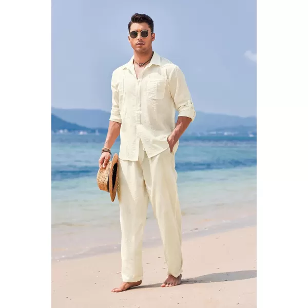 COOFANDY Men's 2 Piece Linen Sets Casual Long Sleeve Button Down Cuban Shirt and Loose Pants Set Beach Vacation Outfits
