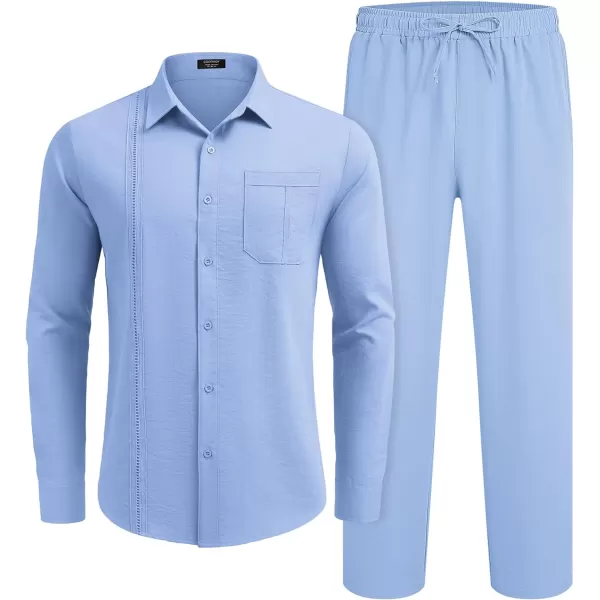 COOFANDY Men's 2 Piece Linen Sets Casual Long Sleeve Button Down Cuban Shirt and Loose Pants Set Beach Vacation Outfits