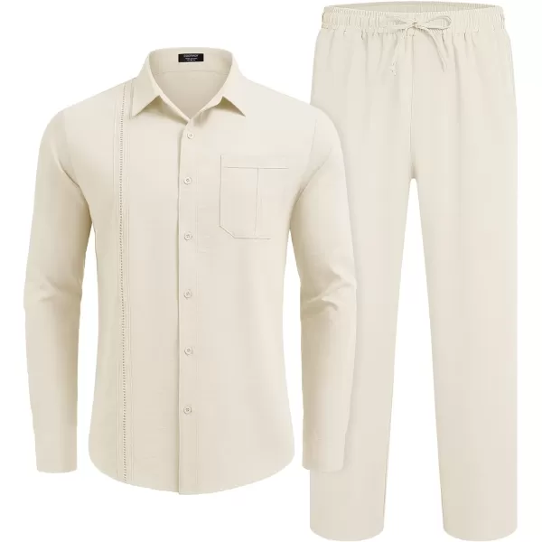 COOFANDY Men's 2 Piece Linen Sets Casual Long Sleeve Button Down Cuban Shirt and Loose Pants Set Beach Vacation Outfits