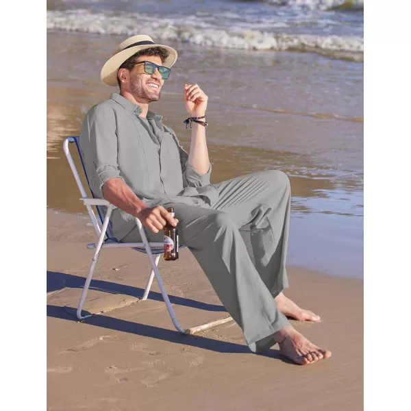 COOFANDY Men's 2 Piece Linen Sets Casual Long Sleeve Button Down Cuban Shirt and Loose Pants Set Beach Vacation Outfits