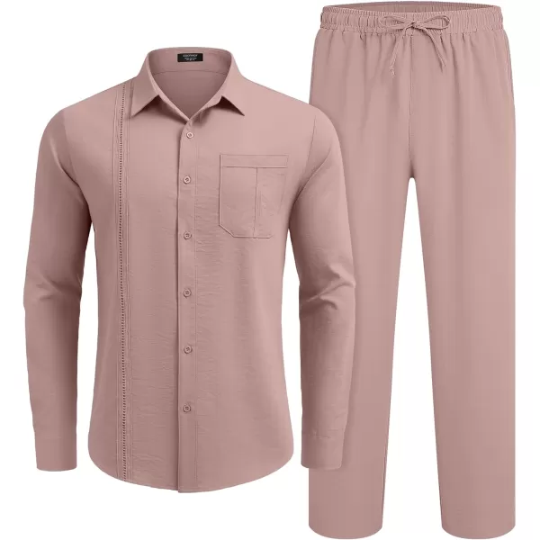 COOFANDY Men's 2 Piece Linen Sets Casual Long Sleeve Button Down Cuban Shirt and Loose Pants Set Beach Vacation Outfits