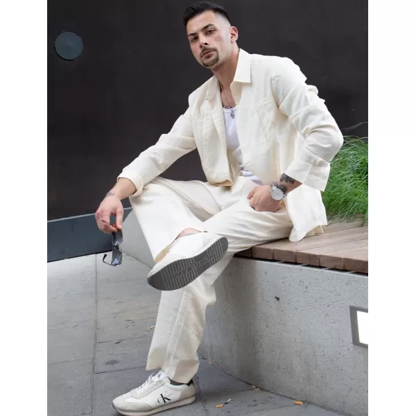 COOFANDY Men's 2 Piece Linen Sets Casual Long Sleeve Button Down Cuban Shirt and Loose Pants Set Beach Vacation Outfits