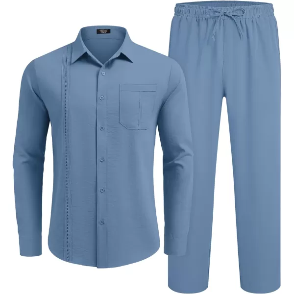 COOFANDY Men's 2 Piece Linen Sets Casual Long Sleeve Button Down Cuban Shirt and Loose Pants Set Beach Vacation Outfits