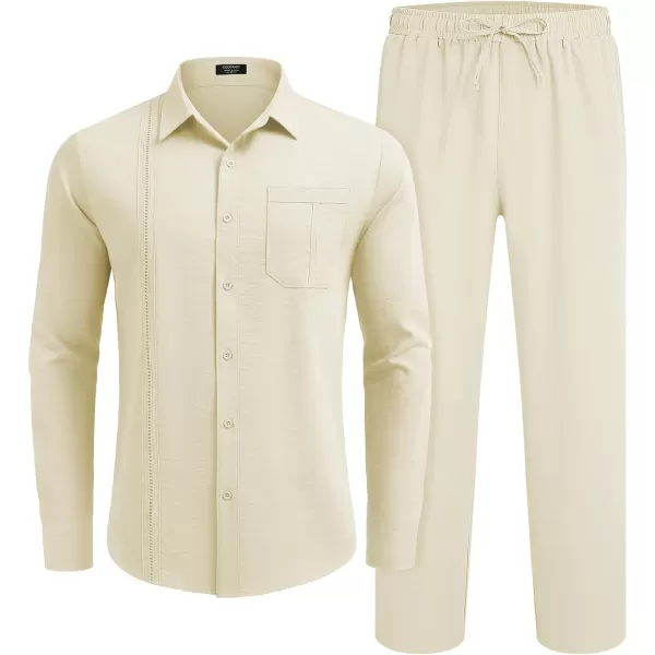 COOFANDY Men's 2 Piece Linen Sets Casual Long Sleeve Button Down Cuban Shirt and Loose Pants Set Beach Vacation Outfits