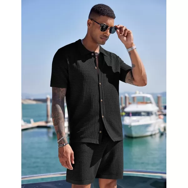 COOFANDY Men's 2 Piece Short Sets Casual Button Down Shirt and Shorts Set Knit Polo Set Vintage Summer Beach Outfits