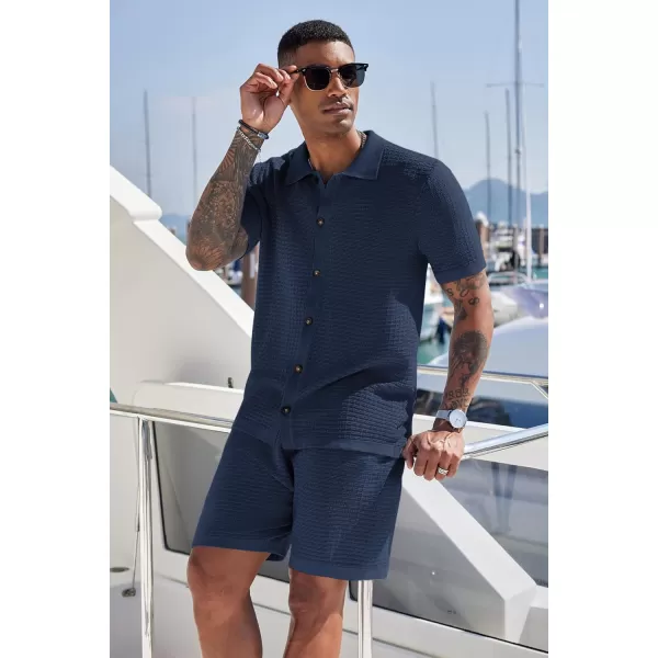 COOFANDY Men's 2 Piece Short Sets Casual Button Down Shirt and Shorts Set Knit Polo Set Vintage Summer Beach Outfits