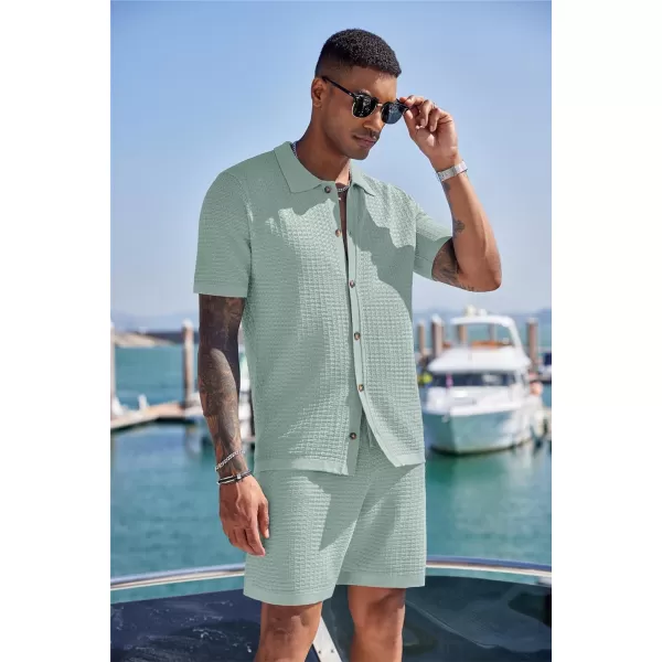 COOFANDY Men's 2 Piece Short Sets Casual Button Down Shirt and Shorts Set Knit Polo Set Vintage Summer Beach Outfits