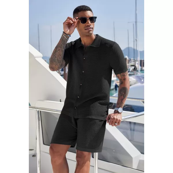 COOFANDY Men's 2 Piece Short Sets Casual Button Down Shirt and Shorts Set Knit Polo Set Vintage Summer Beach Outfits