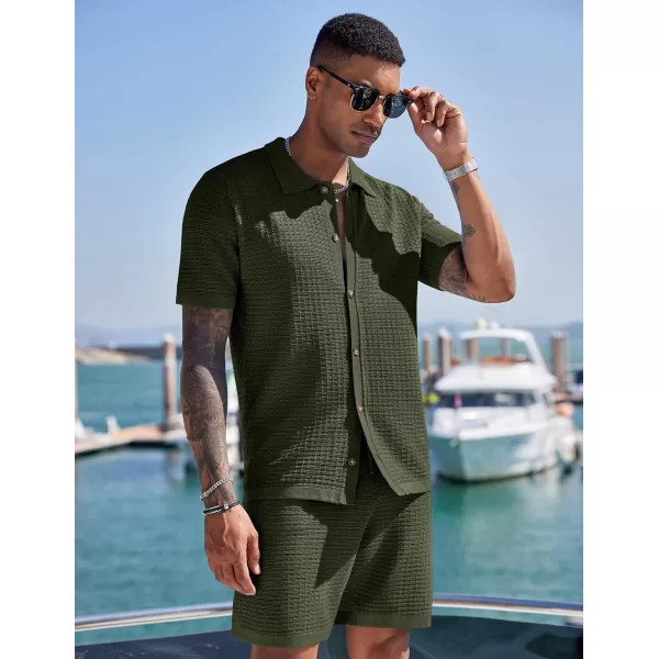 COOFANDY Men's 2 Piece Short Sets Casual Button Down Shirt and Shorts Set Knit Polo Set Vintage Summer Beach Outfits