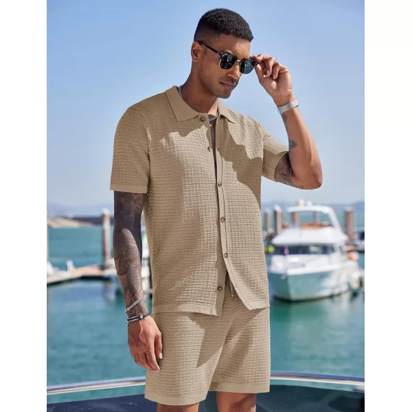 COOFANDY Men's 2 Piece Short Sets Casual Button Down Shirt and Shorts Set Knit Polo Set Vintage Summer Beach Outfits