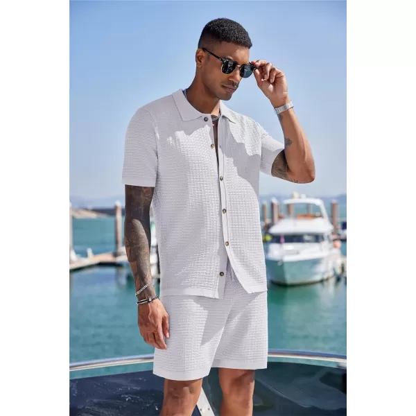 COOFANDY Men's 2 Piece Short Sets Casual Button Down Shirt and Shorts Set Knit Polo Set Vintage Summer Beach Outfits