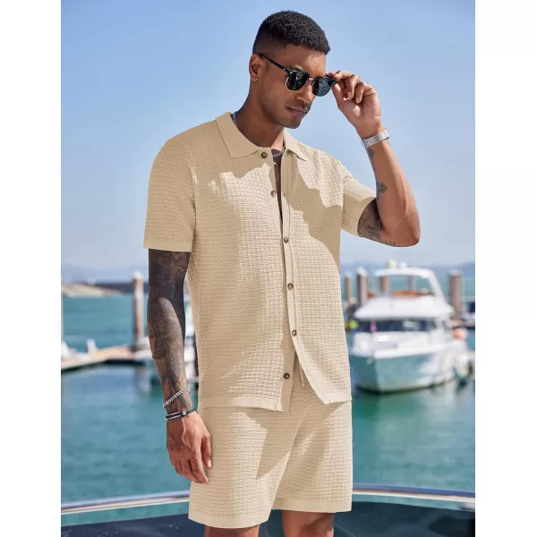 COOFANDY Men's 2 Piece Short Sets Casual Button Down Shirt and Shorts Set Knit Polo Set Vintage Summer Beach Outfits