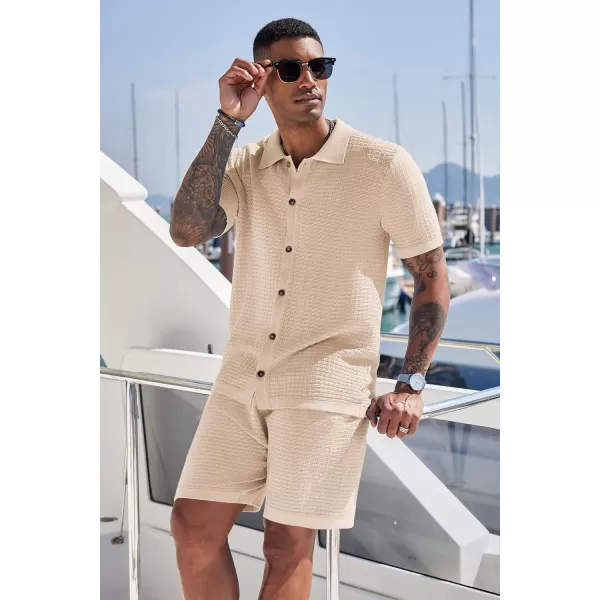 COOFANDY Men's 2 Piece Short Sets Casual Button Down Shirt and Shorts Set Knit Polo Set Vintage Summer Beach Outfits