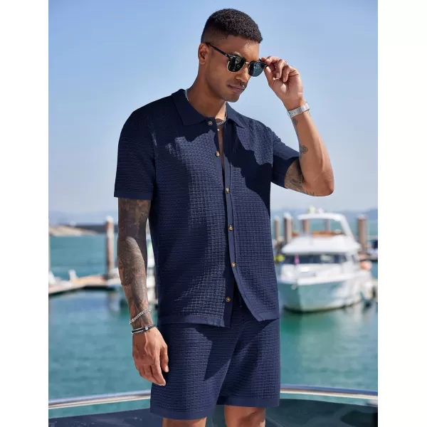 COOFANDY Men's 2 Piece Short Sets Casual Button Down Shirt and Shorts Set Knit Polo Set Vintage Summer Beach Outfits