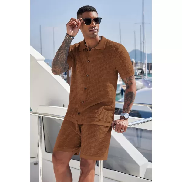 COOFANDY Men's 2 Piece Short Sets Casual Button Down Shirt and Shorts Set Knit Polo Set Vintage Summer Beach Outfits