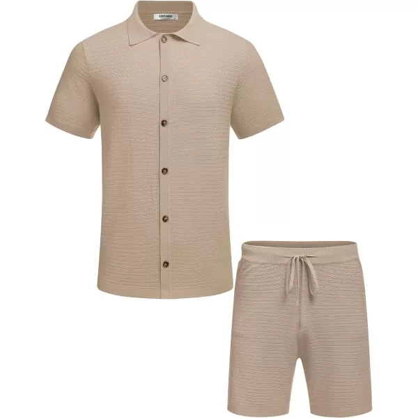 COOFANDY Men's 2 Piece Short Sets Casual Button Down Shirt and Shorts Set Knit Polo Set Vintage Summer Beach Outfits