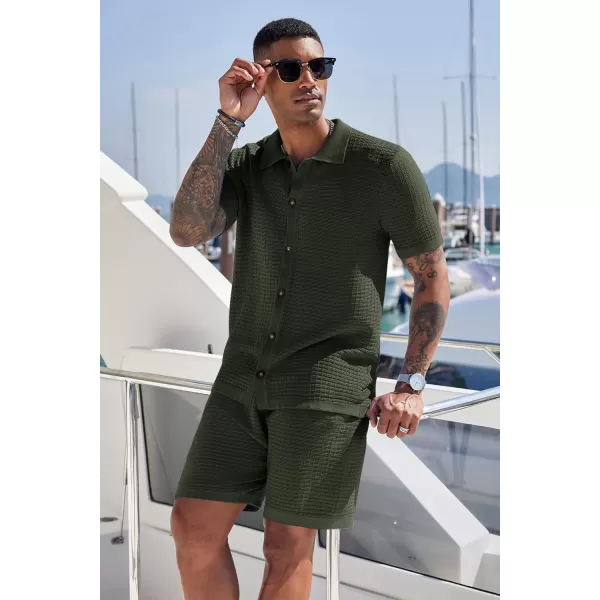 COOFANDY Men's 2 Piece Short Sets Casual Button Down Shirt and Shorts Set Knit Polo Set Vintage Summer Beach Outfits