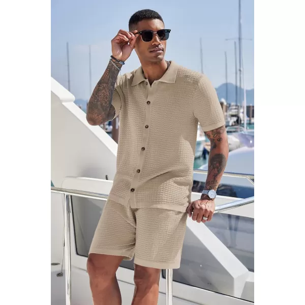 COOFANDY Men's 2 Piece Short Sets Casual Button Down Shirt and Shorts Set Knit Polo Set Vintage Summer Beach Outfits