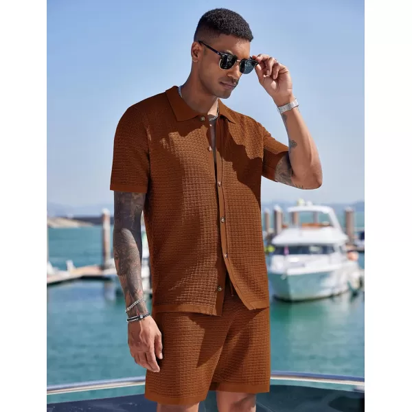 COOFANDY Men's 2 Piece Short Sets Casual Button Down Shirt and Shorts Set Knit Polo Set Vintage Summer Beach Outfits