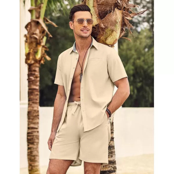 COOFANDY Men's 2 Pieces Linen Set Short Sleeve Beach Outfits Casual Button Down Shirt and Short Sets with Pockets