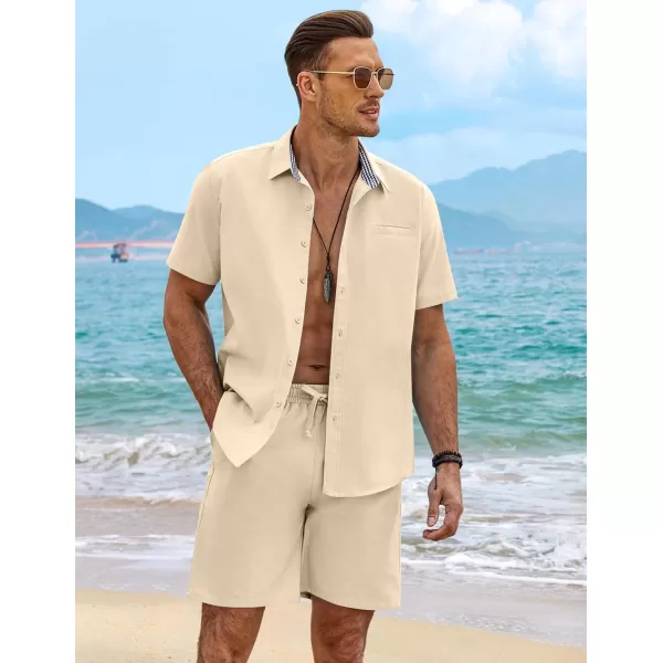 COOFANDY Men's 2 Pieces Linen Set Short Sleeve Beach Outfits Casual Button Down Shirt and Short Sets with Pockets