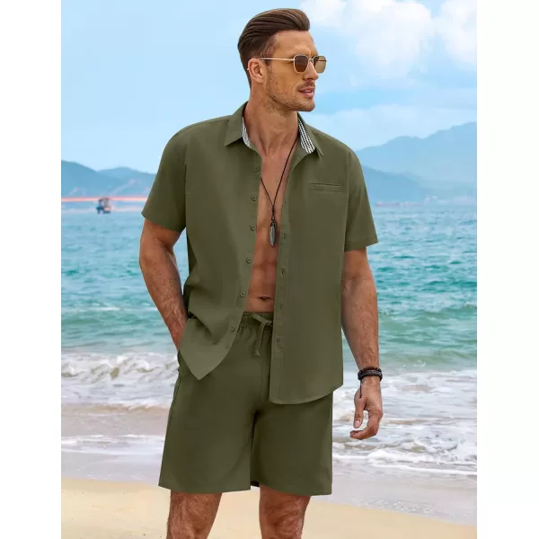 COOFANDY Men's 2 Pieces Linen Set Short Sleeve Beach Outfits Casual Button Down Shirt and Short Sets with Pockets