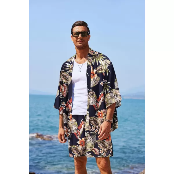 COOFANDY Men's 2 Pieces Outfit Lightweight Kimono Cardigan Jacket Set Hawaiian Beach Shirt with Shorts)