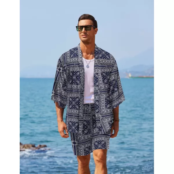 COOFANDY Men's 2 Pieces Outfit Lightweight Kimono Cardigan Jacket Set Hawaiian Beach Shirt with Shorts