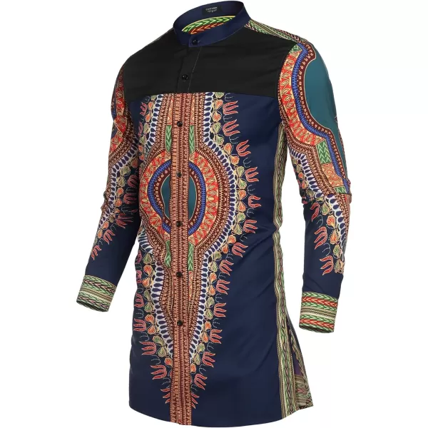 COOFANDY Men's African Dashiki Print Shirt Long Sleeve Button Down Shirt Bright Color Tribal Top Shirt