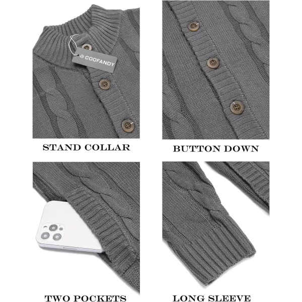 COOFANDY Men's Cardigan Sweater Slim Fit Stand Collar Cardigan Casual Cable Knitted Button Down Sweater with Pockets