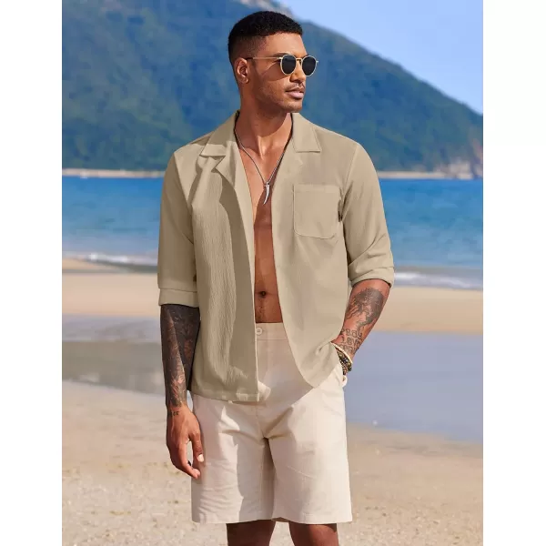COOFANDY Mens Casual Button Down Shirt Summer Beach Shirts Long Sleeve Cuban Collared Tropical Textured Shirts