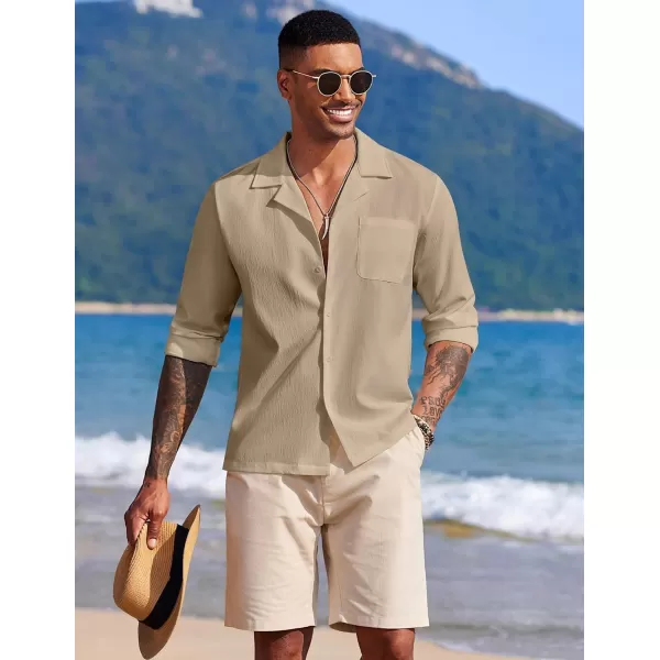 COOFANDY Mens Casual Button Down Shirt Summer Beach Shirts Long Sleeve Cuban Collared Tropical Textured Shirts