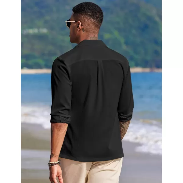COOFANDY Mens Casual Button Down Shirt Summer Beach Shirts Long Sleeve Cuban Collared Tropical Textured Shirts
