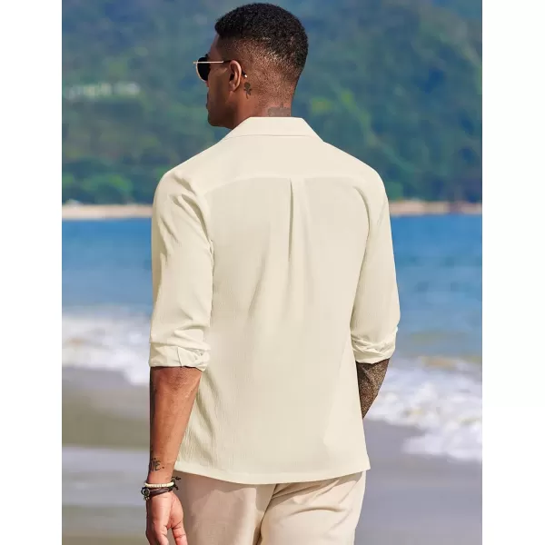 COOFANDY Mens Casual Button Down Shirt Summer Beach Shirts Long Sleeve Cuban Collared Tropical Textured Shirts