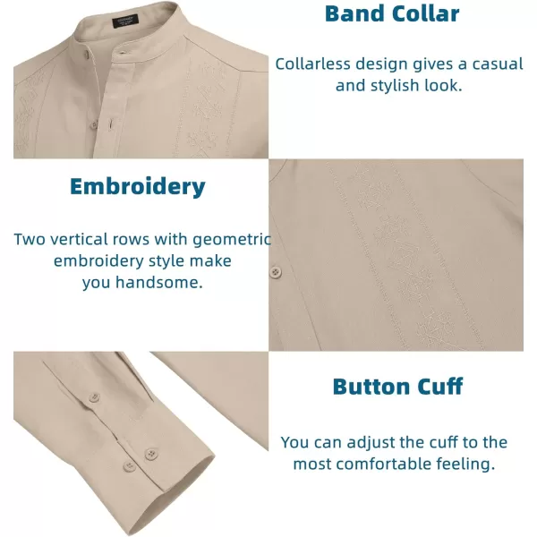 COOFANDY Men's Casual Linen Shirts Cuban Guayabera Long Sleeve Beach Shirt Collarless Button Down T Shirts