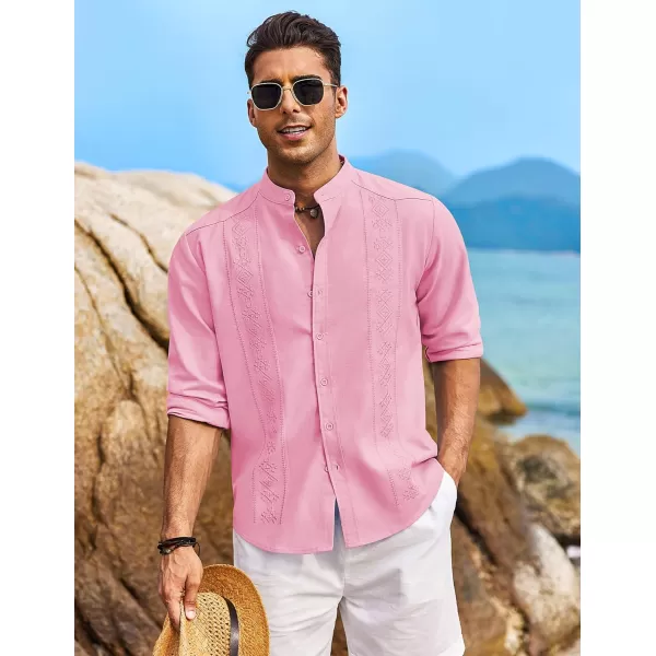COOFANDY Men's Casual Linen Shirts Cuban Guayabera Long Sleeve Beach Shirt Collarless Button Down T Shirts