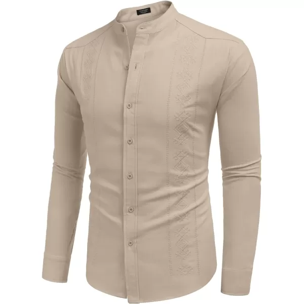 COOFANDY Men's Casual Linen Shirts Cuban Guayabera Long Sleeve Beach Shirt Collarless Button Down T Shirts