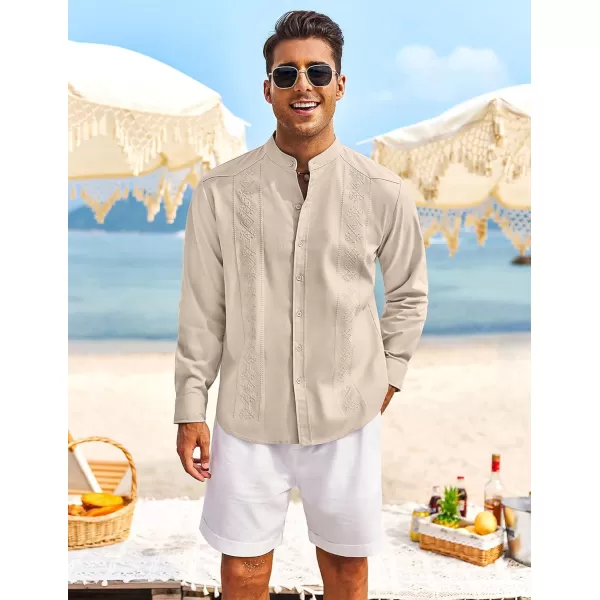 COOFANDY Men's Casual Linen Shirts Cuban Guayabera Long Sleeve Beach Shirt Collarless Button Down T Shirts