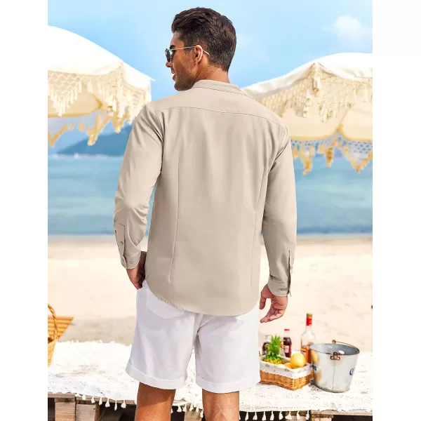 COOFANDY Men's Casual Linen Shirts Cuban Guayabera Long Sleeve Beach Shirt Collarless Button Down T Shirts