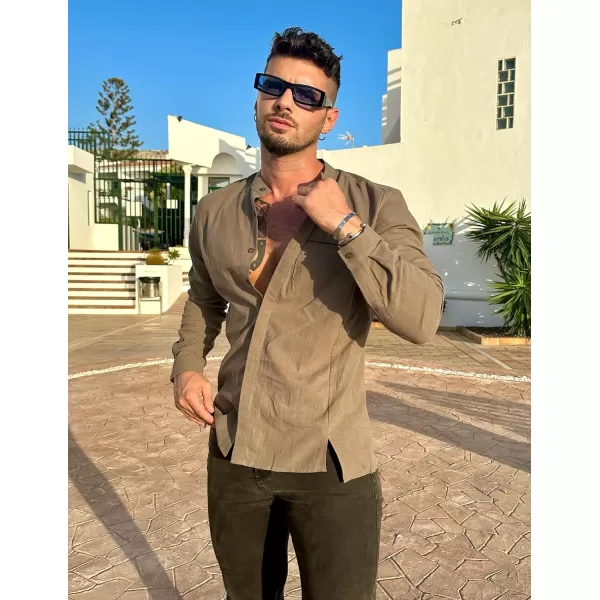 COOFANDY Men's Cotton Linen Shirt Long Sleeve Button Down Shirts Band Collar Beach Yoga Shirts