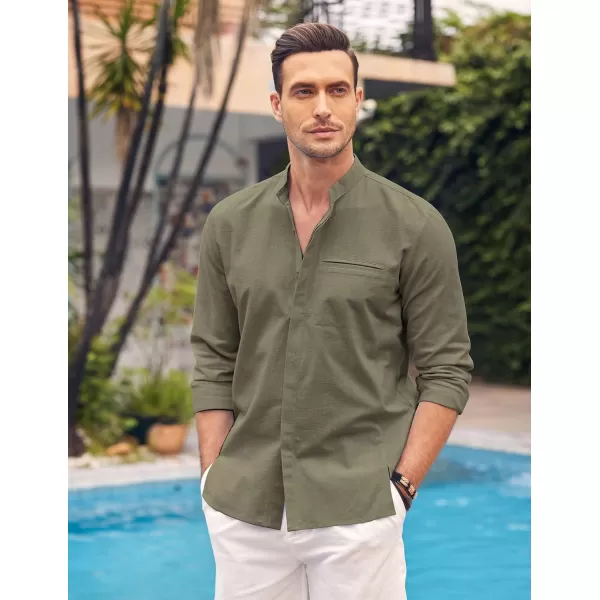 COOFANDY Men's Cotton Linen Shirt Long Sleeve Button Down Shirts Band Collar Beach Yoga Shirts
