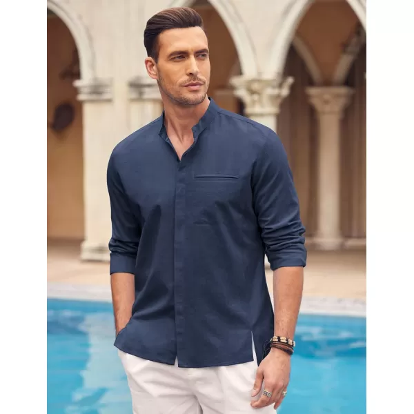 COOFANDY Men's Cotton Linen Shirt Long Sleeve Button Down Shirts Band Collar Beach Yoga Shirts