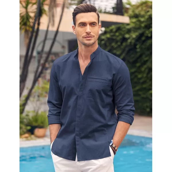COOFANDY Men's Cotton Linen Shirt Long Sleeve Button Down Shirts Band Collar Beach Yoga Shirts