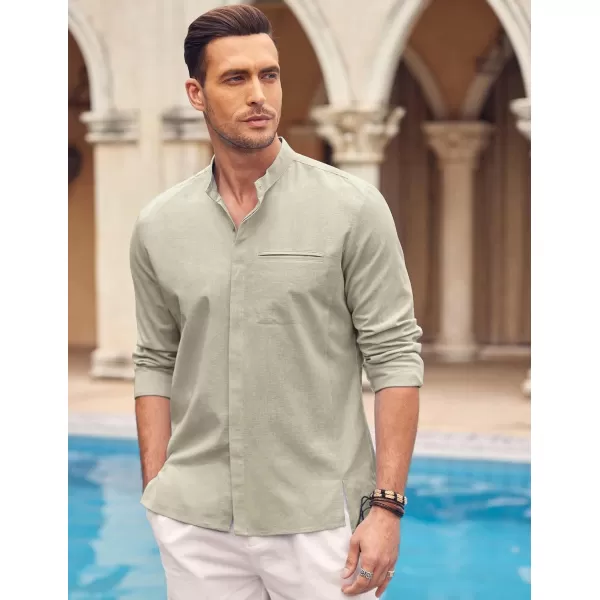 COOFANDY Men's Cotton Linen Shirt Long Sleeve Button Down Shirts Band Collar Beach Yoga Shirts